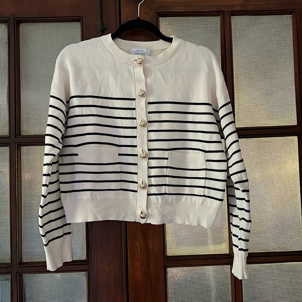 & Other Stories Cream and Black Striped Button-Front Cardigan